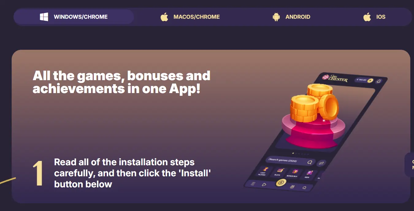 Spinchester Casino on desktop, mobile browser and as a PWA app