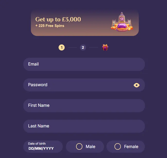 Spinchester Casino registration form with player details